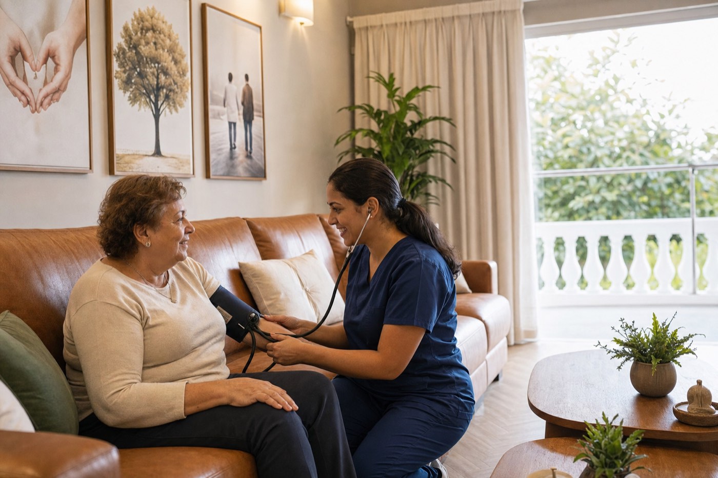 Enfermeira medindo a pressão de uma residente