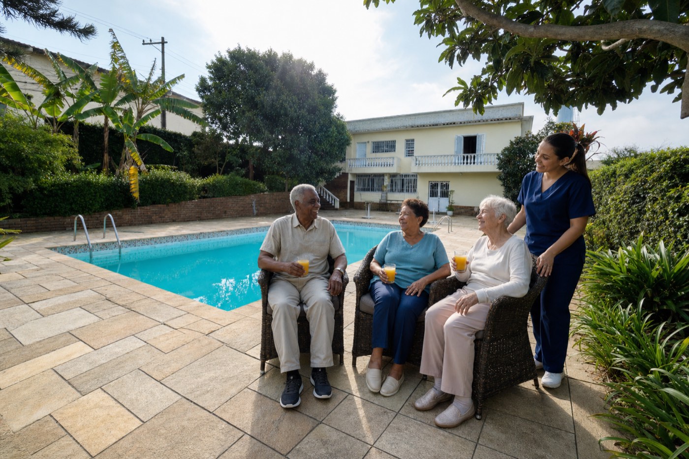 Residentes conversando à sombra perto da piscina