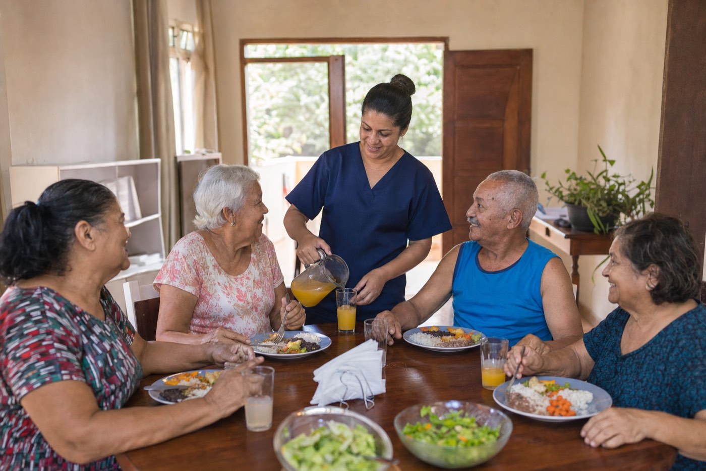 Residentes almoçando juntos
