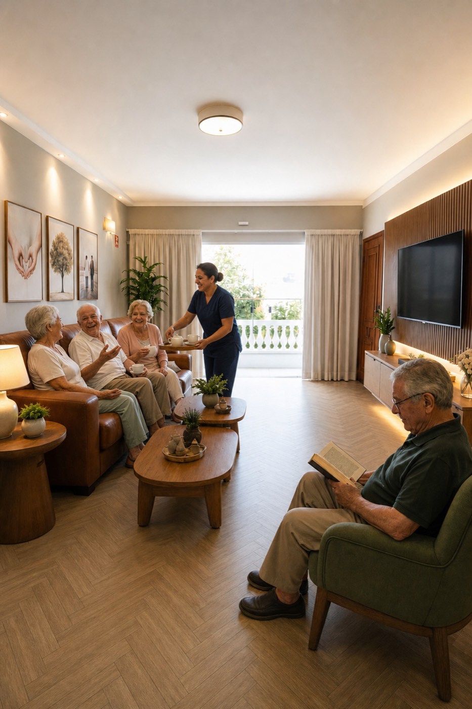 Residentes conversando na sala de convivência